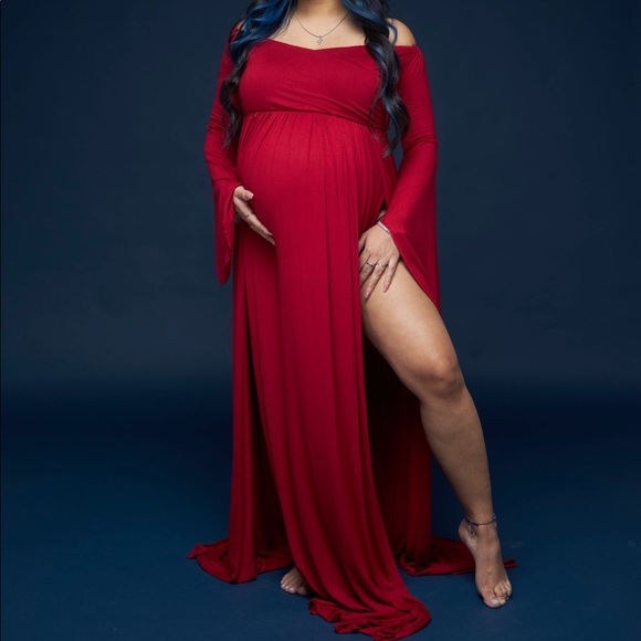 Red long maternity dress. - Picture 3 of 3